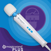 The image displays the Magic Wand Plus HV-265 Personal Massager, a white handheld device from the Magic Wand brand, featuring blue buttons. The massager, set against a blue and purple backdrop, has a flexible, rounded head and comes with a cord. The "magicwand PLUS" brand logo is visibly placed in the bottom left corner.